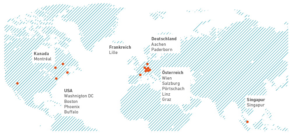 Überblickskarte über die teilnehmden Orte. Österreich hatte mit fünf Orten die meisten teilnhemenden Gemeinden.