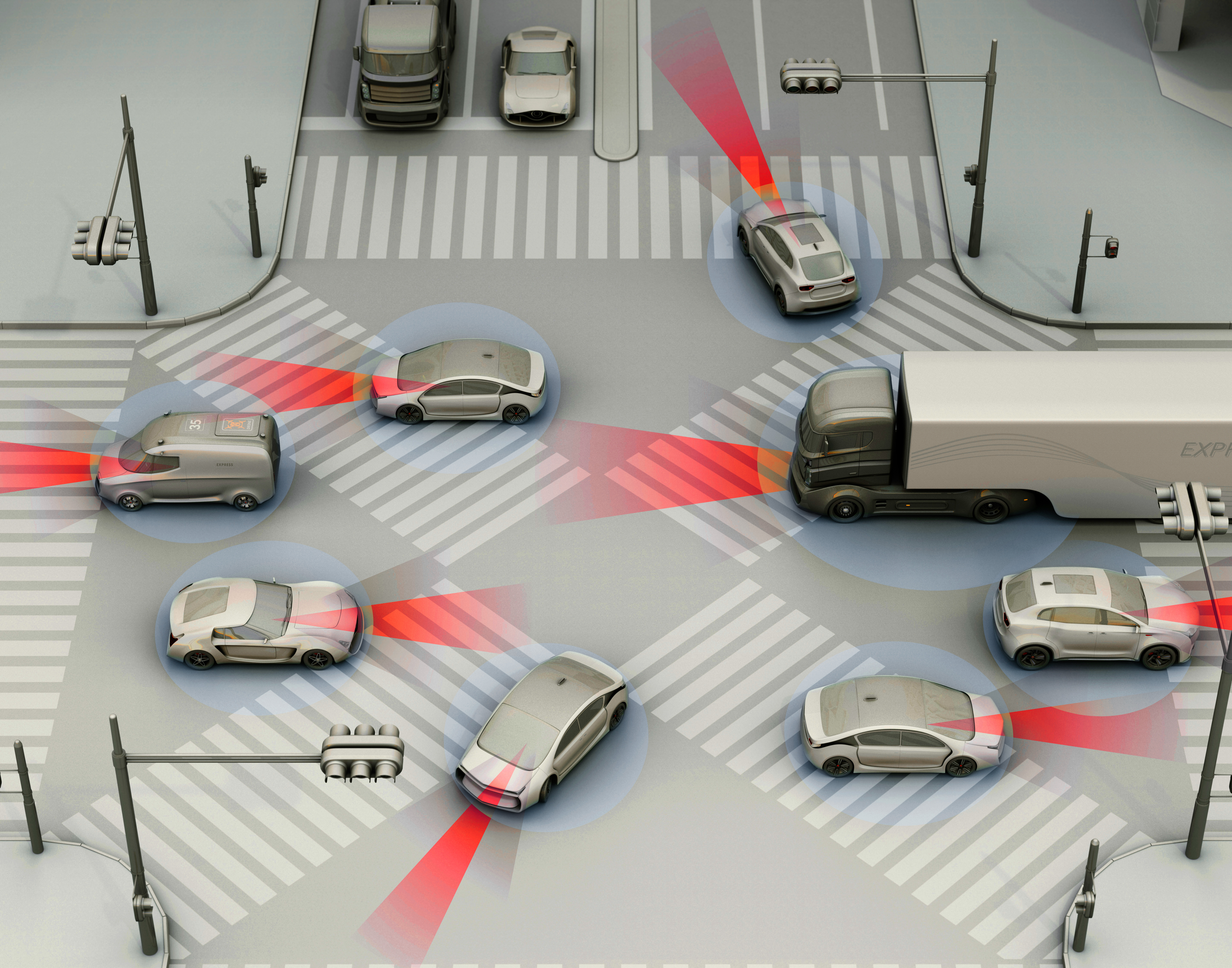 Symbolbild von Intelligenten Verkehrssystemen, mit animierter Sensorik bei den Fahrzeugen