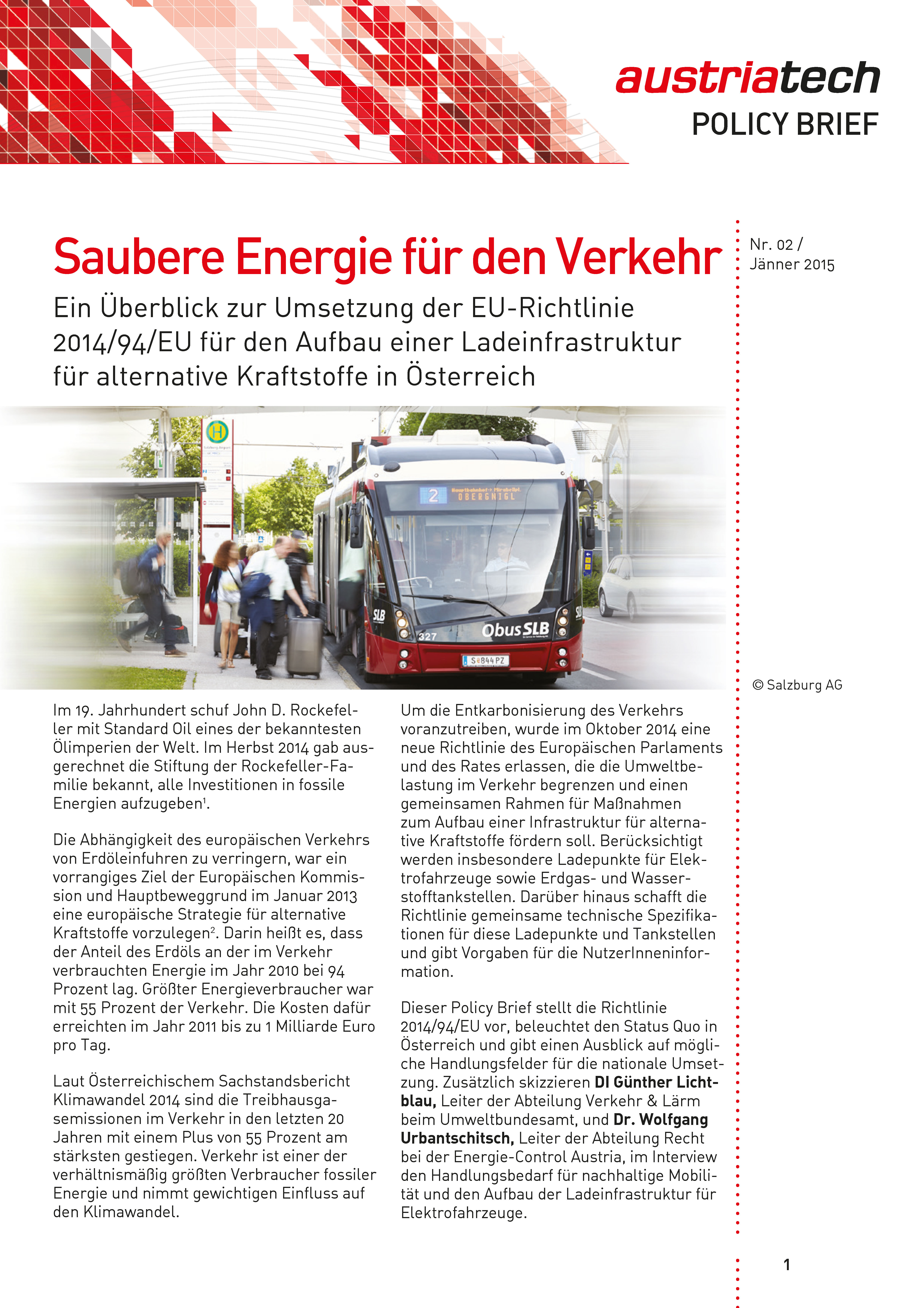 ATE PolicyBrief 022015 saubere Energie fuer den Verkehr Seite 01